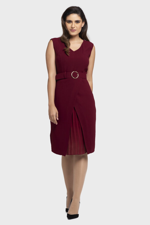Gold Ring Belt Pleated Wrap Dress