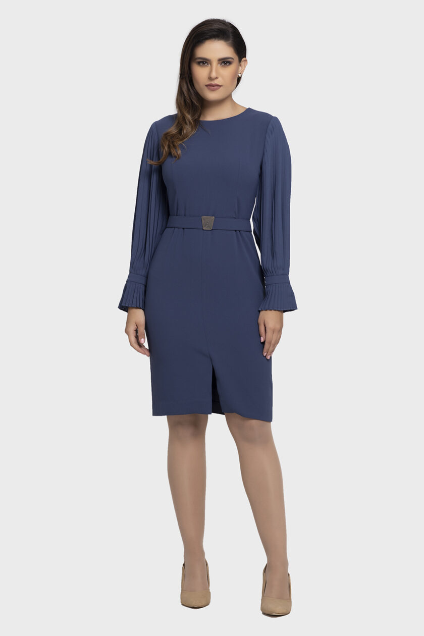 Blue Chiffon Pleated Sleeve Dress