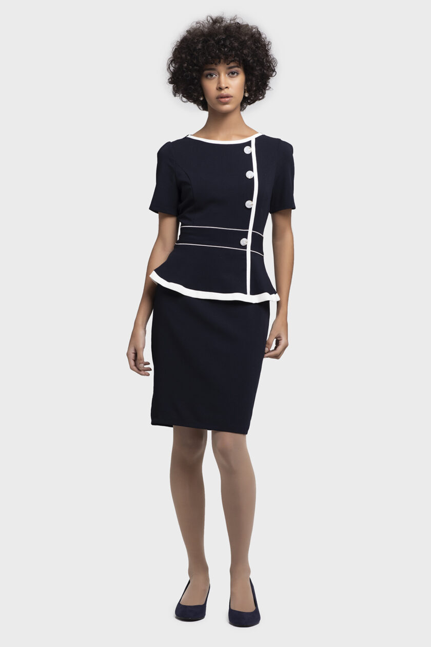 Button Bias Peplum Dress (Short Sleeve)