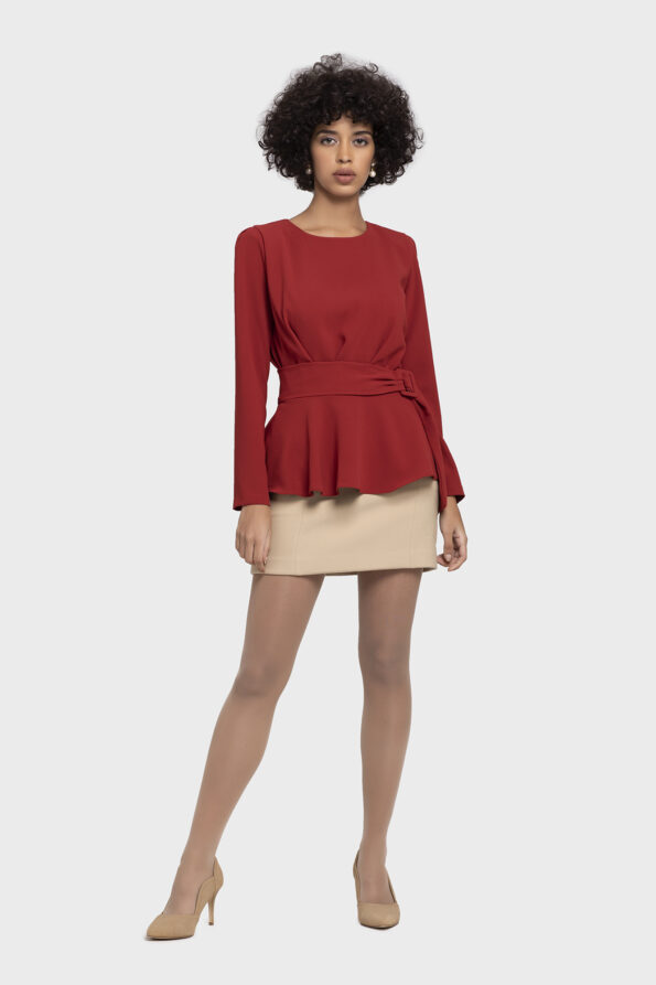 Red Flare Belt Blouse