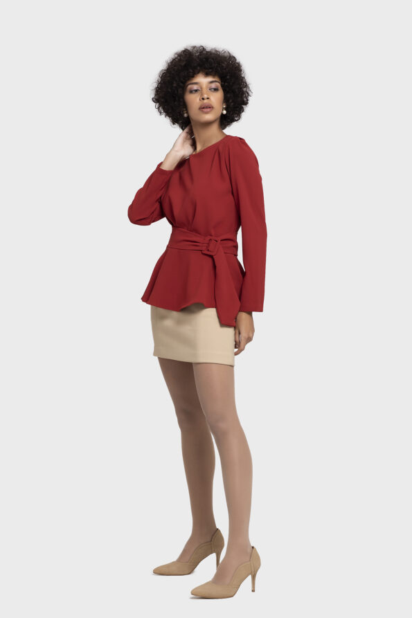 Red Flare Belt Blouse - Image 4
