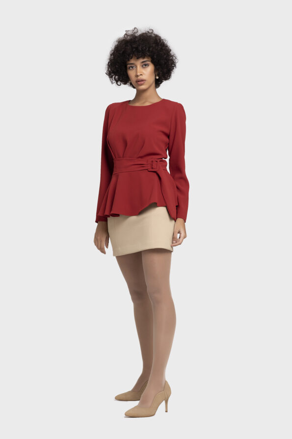 Red Flare Belt Blouse - Image 3