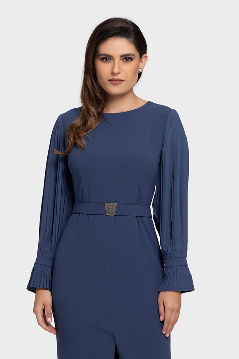 Blue Chiffon Pleated Sleeve Dress For Women - LBV Fashion