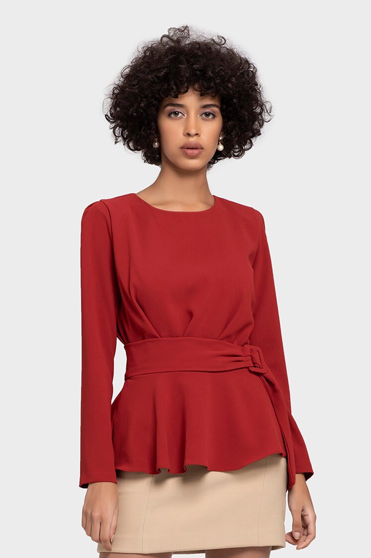 Red Flare Belt Blouse - LBV Fashion